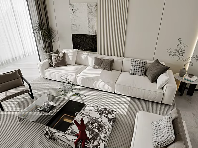 Modern Living and Dining Room Interior With White Sofa Coffee Table And Decorative Plants 3d model