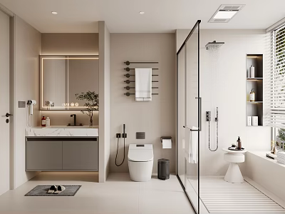 Modern Bathroom Interior With Vanity Mirror Toilet Glass Shower And Storage Cabinets 3d model