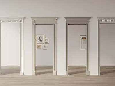 Various Decorative Door Frames With Wall Art In White Interior And Wooden Floor 3d model