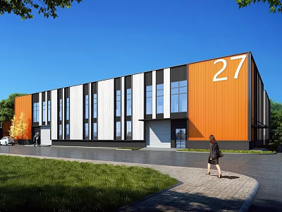 Modern Industrial Warehouse With Orange And White Exterior Large Windows Number 27 And Surrounding Green Lawn 3d model