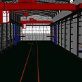 Industrial Warehouse Interior Featuring Red Overhead Crane Green Floor Yellow Lines And Metal Roof