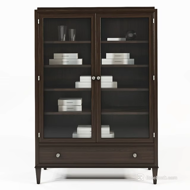 Dark Brown Wooden Bookcase with Glass Doors Drawer and Stacked Books Inside 3d model 