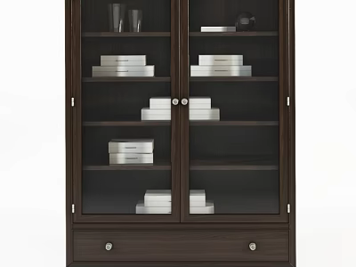 Dark Brown Wooden Bookcase with Glass Doors Drawer and Stacked Books Inside 3d model