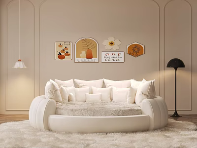 Elegant Bedroom With Beige Walls White Round Daybed Decorative Artworks White Rug And Floor Lamp 3d model