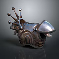 Ornate Metallic Medieval Helmet Featuring Spiked Decor And Intricate Textured Surface