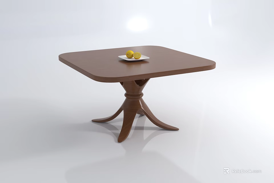 Brown Square Dining Table With Tray Two Yellow Fruits And Three Legged Base White Background 3d model 
