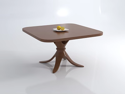 Brown Square Dining Table With Tray Two Yellow Fruits And Three Legged Base White Background 3d model