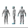 People wearing full body protective suits with blue gloves face shields and white boots