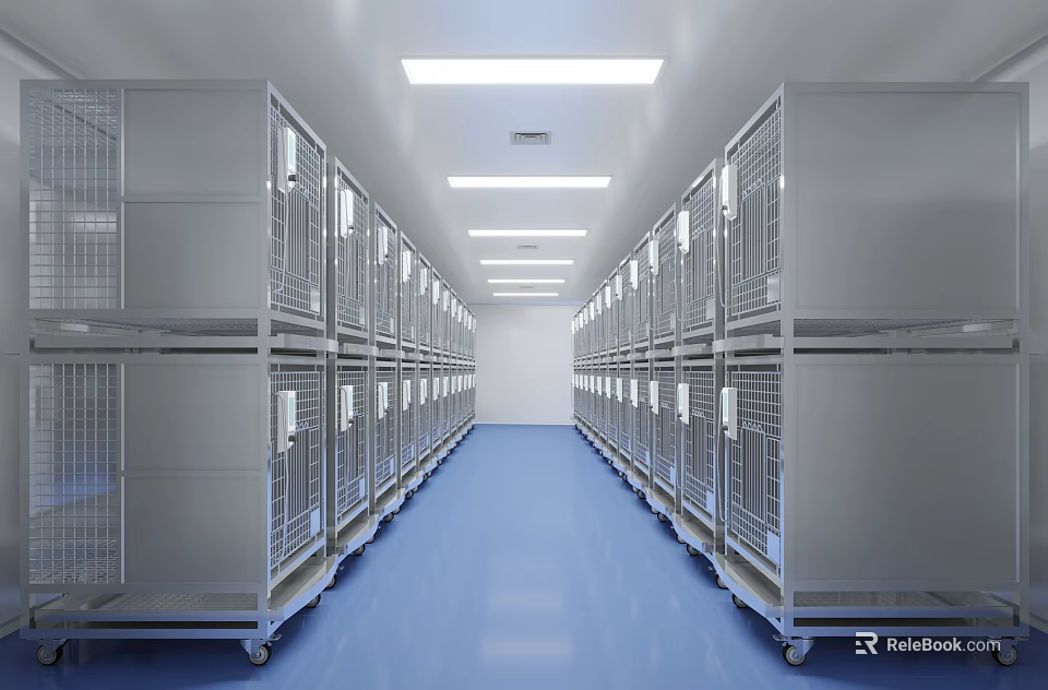 Elevator Corridor Featuring Metal Cages Both Sides Blue Floor Long Strip Ceiling Lights Clean Neat 3d model 