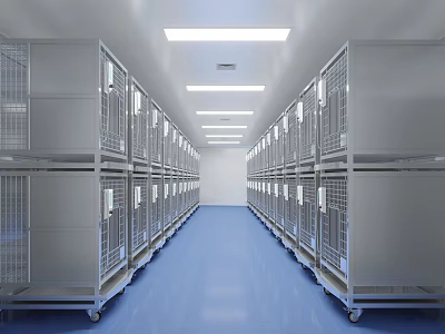 Elevator Corridor Featuring Metal Cages Both Sides Blue Floor Long Strip Ceiling Lights Clean Neat 3d model