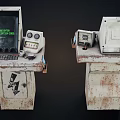 Vintage Entertainment Appliances On Worn Stands With Control Panels And Screens
