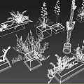 Bonsai Potted Plants With Various Succulents Cactus in Concrete Rectangular Planters 3d model