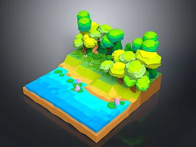 Vibrant 3D Nature Scene with Green Trees Blue Water Yellow Ground and Pink Flowers 3d model