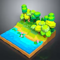 Vibrant 3D Nature Scene with Green Trees Blue Water Yellow Ground and Pink Flowers