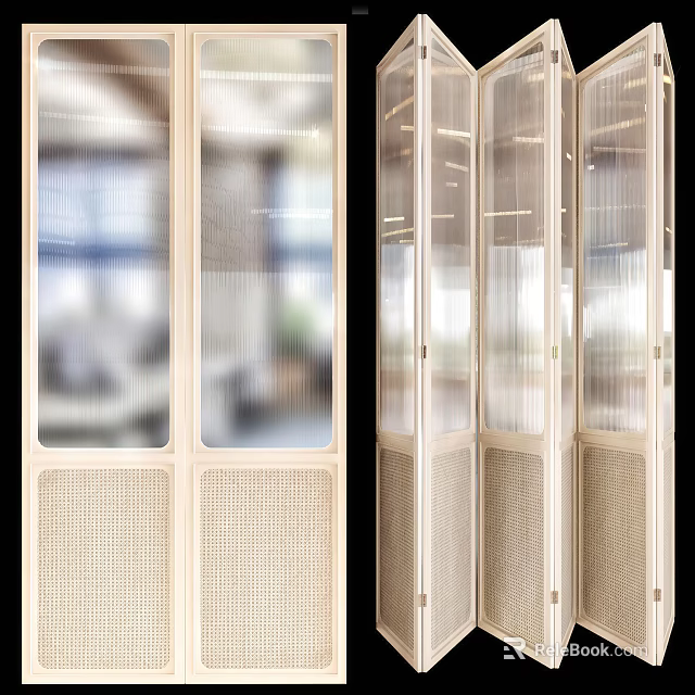 Modern Interior Folding Doors With Glass Panels And Rattan Details 3d model 