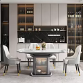 Elegant Round Dining Table Set with Light Gray Chairs Black Gold Legs and Storage Base
