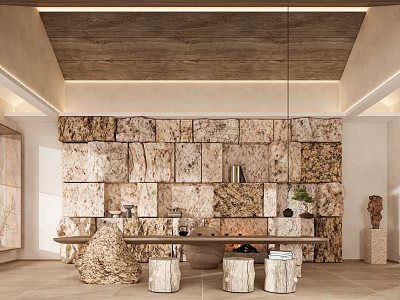 Modern Tea Room Interior Design With Stone Wall Long Wooden Table And Wooden Stools 3d model