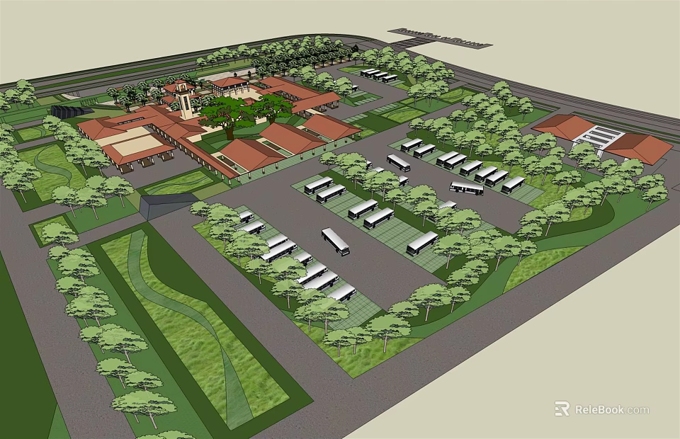 Aerial View of Building Complex With Red Roofs Plaza Trees and Parking Lot 3d model 