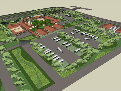 Aerial View of Building Complex With Red Roofs Plaza Trees and Parking Lot 3d model