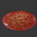 Yellow noodles on white plate with red rim against black background