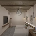 Hotel Room With Wooden Ceiling Metal Pendant Lights Twin Beds Large Windows And Greenery View
