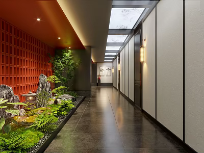 Hotel Corridor with Red Grille Wall Green Plants Rockery Water Feature and Skylight Ceiling 3d model