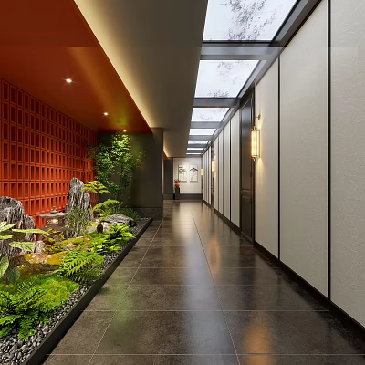 Hotel Corridor with Red Grille Wall Green Plants Rockery Water Feature and Skylight Ceiling 3d model