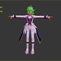 Game Movie Character With Green Hair And White Black Outfit White Wing Decorations Arms Outstretched