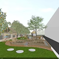 School Campus Outdoor Green Space With Trees Circular Structures Blue Installation And Seating Areas 3d model