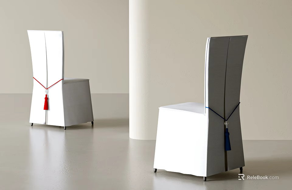 Modern White Dining Chairs with Red and Blue Straps and Tassels in Minimalist Interior Setting 3d model 
