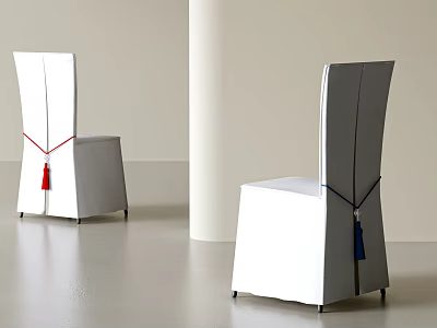 Modern White Dining Chairs with Red and Blue Straps and Tassels in Minimalist Interior Setting 3d model
