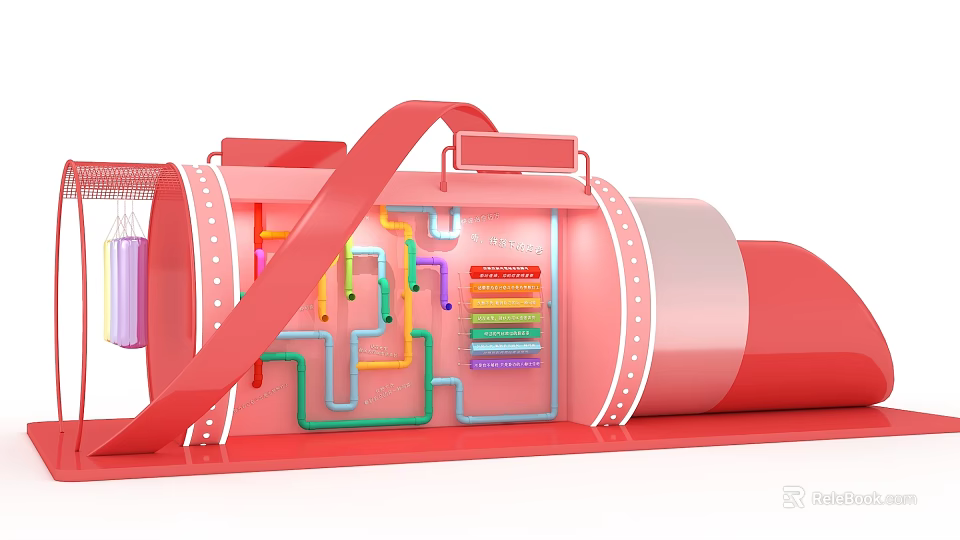 Interactive Zone Featuring Red Cylindrical Structure With Colorful Pipes Wires And Labels 3d model