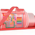 Interactive Zone Featuring Red Cylindrical Structure With Colorful Pipes Wires And Labels 3d model