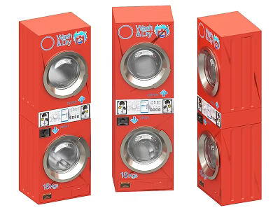 Red Stackable Washing Machines With Double Drum And Control Panels 3d model