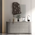 Modern Gray Console Table with Geometric Pattern Mirror Decorative Items and Abstract Wall Art 3d model