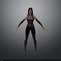 3D Female Character Model With Purple Black Tight Fitting Outfit Standing Pose