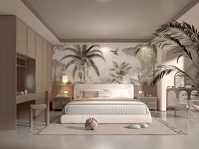 Tropical Hotel Room Interior With Palm Tree Mural And Comfortable Bed 3d model