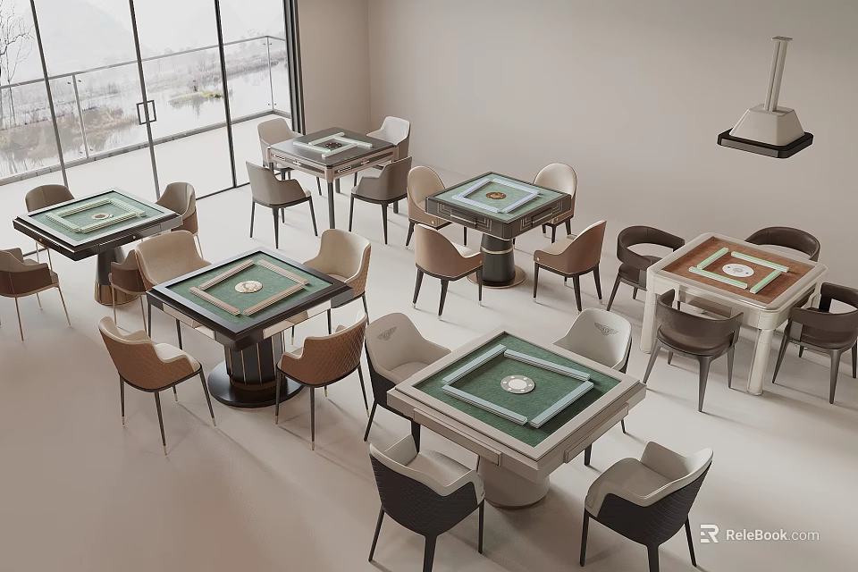 Stylish Modern Entertainment Tables In Interior Space With Comfortable Chairs And Green Tabletops 3d model 