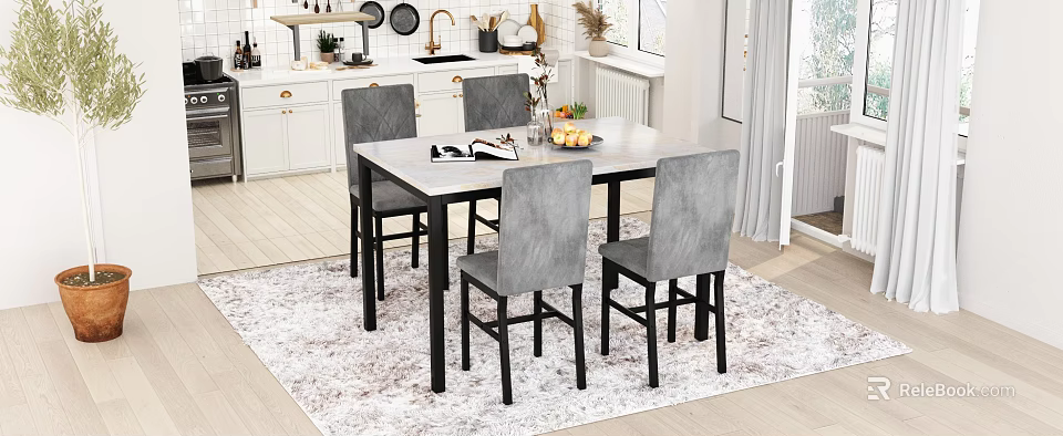Modern Restaurant Interior Design With Rectangular Dining Table Gray Chairs And Decorative Rug 3d model 
