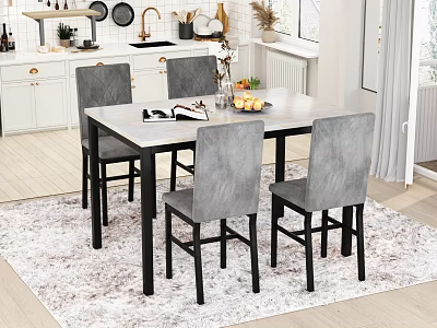 Modern Restaurant Interior Design With Rectangular Dining Table Gray Chairs And Decorative Rug 3d model