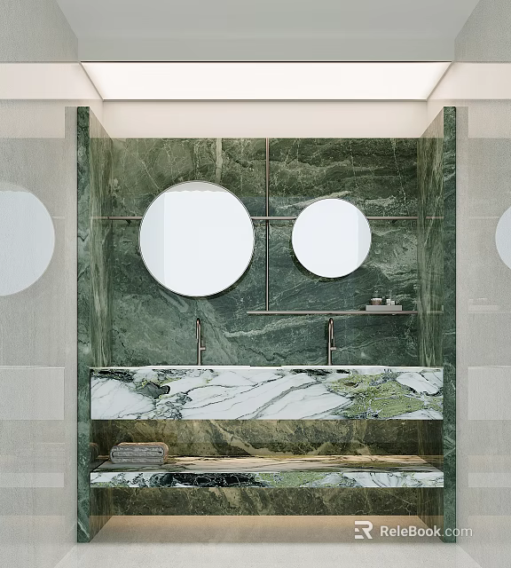 Modern Public Restroom With Marble Wall Double Mirror Vanity And Sink 3d model