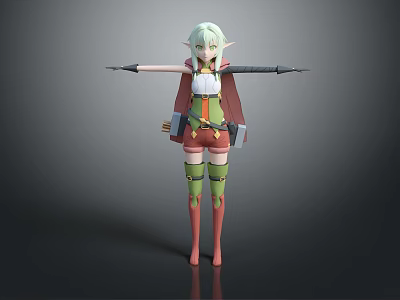 Elf Character Fantasy Creature with Light Green Hair Elf Ears and Weapons Outstretched Arms 3d model