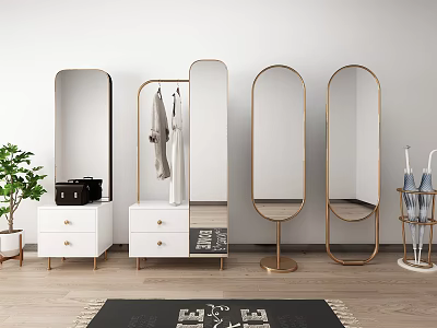 Stylish Gold Frame Mirrors with Clothes Rack White Cabinet and Plant on Wooden Floor 3d model