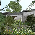 Traditional Garden Landscape With Lush Greenery Various Plants And Stone Wall