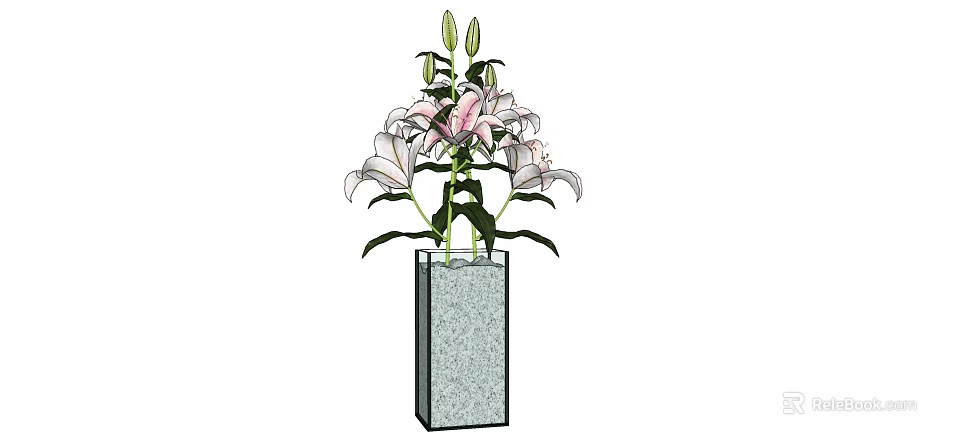 Blooming Pink And White Lilies In Square Textured Glass Vase 3d model 