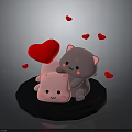 Cute Pink And Gray Cartoon Creatures Playing Together With Red Hearts On Black Circular Base