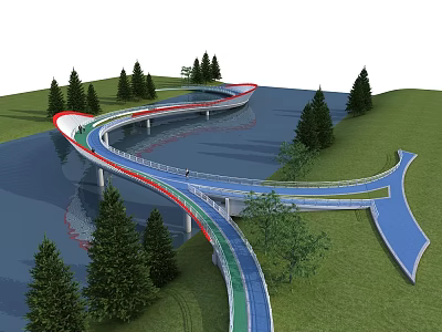Curved Landscape Bridge With Colored Walkways Over Water And Lush Trees 3d model