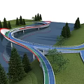 Curved Landscape Bridge With Colored Walkways Over Water And Lush Trees