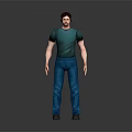 A Man Wearing Green T-shirt Blue Jeans And Gray Shoes On Gray Background