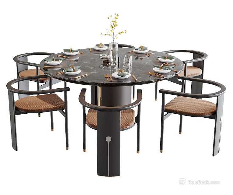 Modern Round Dining Table Set with Brown Cushioned Chairs Marble Tabletop and Decorative Tableware Vase 3d model 